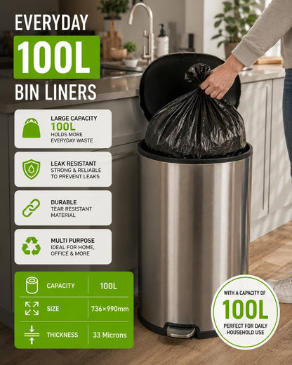 EcoBag Extra Strong | Heavy Duty Refuse Sacks |  100L Capacity | 33 Microns | 20 Pack Roll