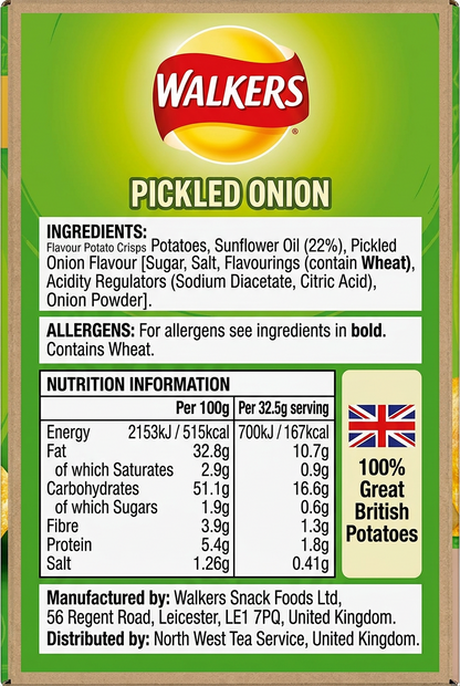 Walkers Pickled Onion Crisps 32.5g (Pack of 32)