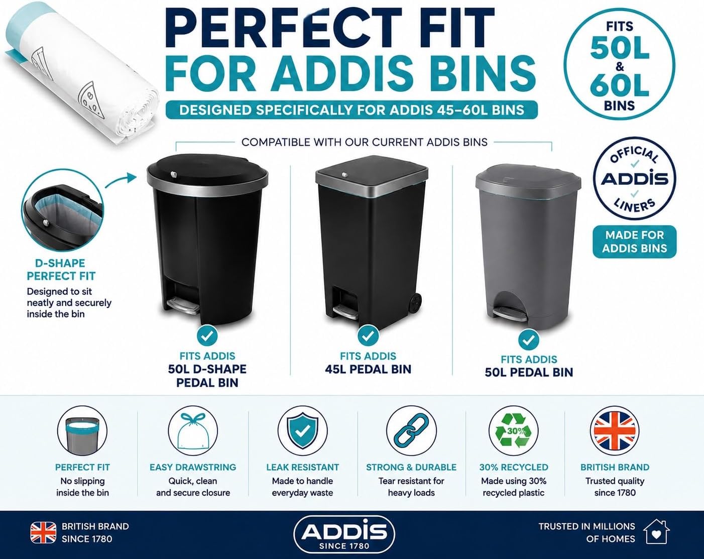 Addis 50–60L Bin Liners with Drawstring | 1 x Roll 15 Bags