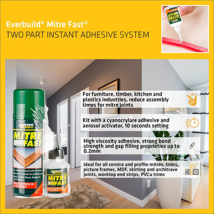 Everbuild Mitre Fast Two Part Instant Bonding Kit, 50G Adhesive & 200Ml Activator