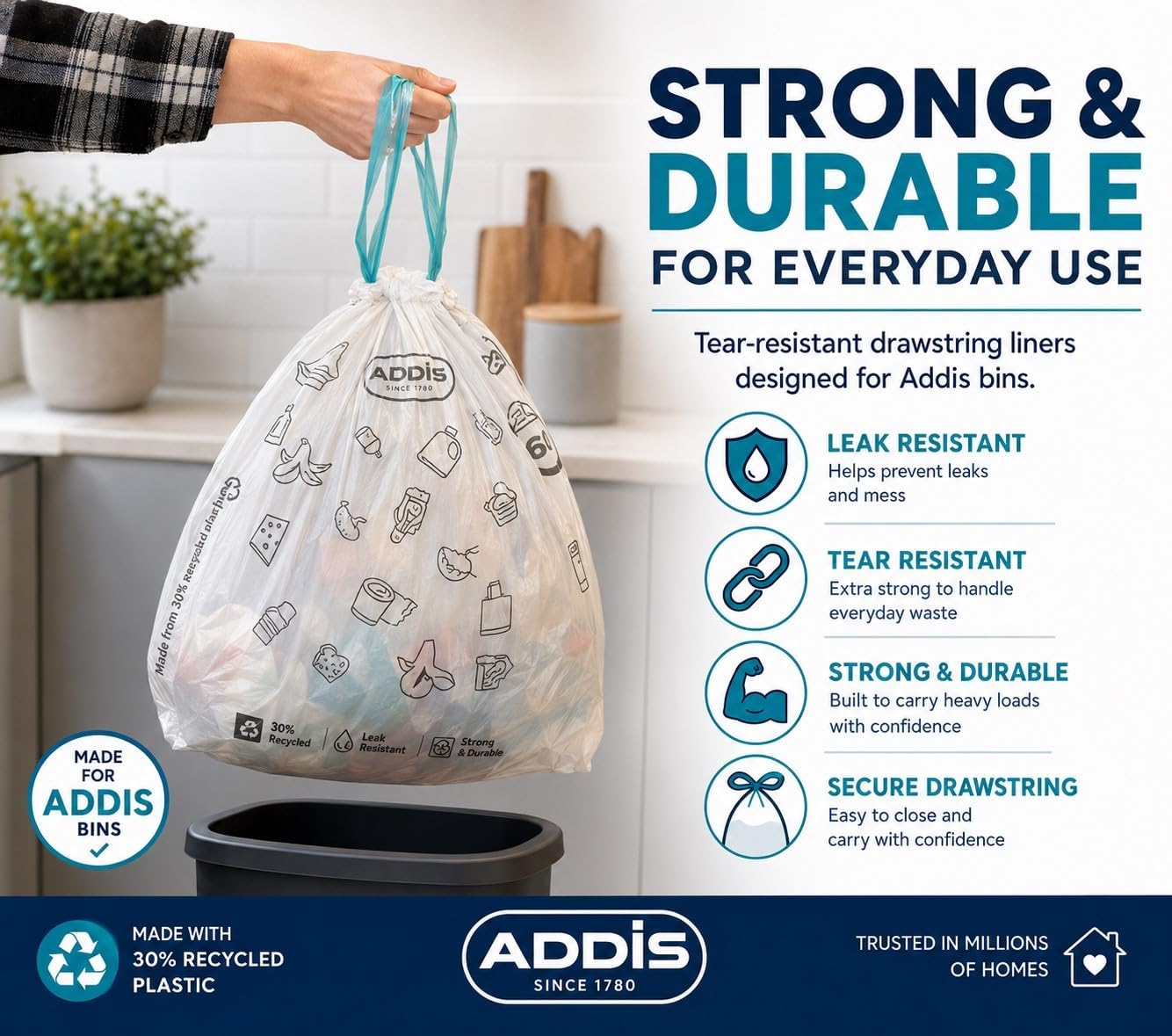 Addis 50–60L Bin Liners with Drawstring | 1 x Roll 15 Bags