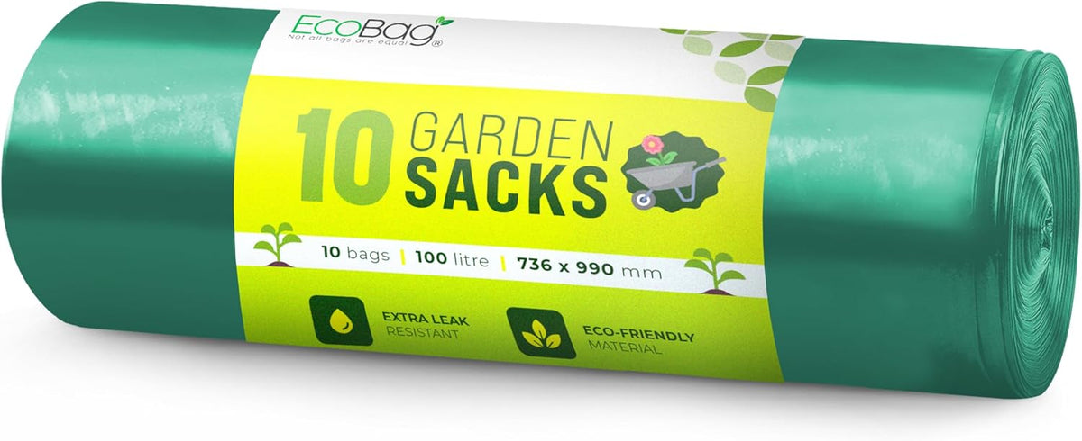 Ecobag 10 - Pack Extra Strong Heavy Duty Garden Sacks, 100L Recyclable Refuse Bags