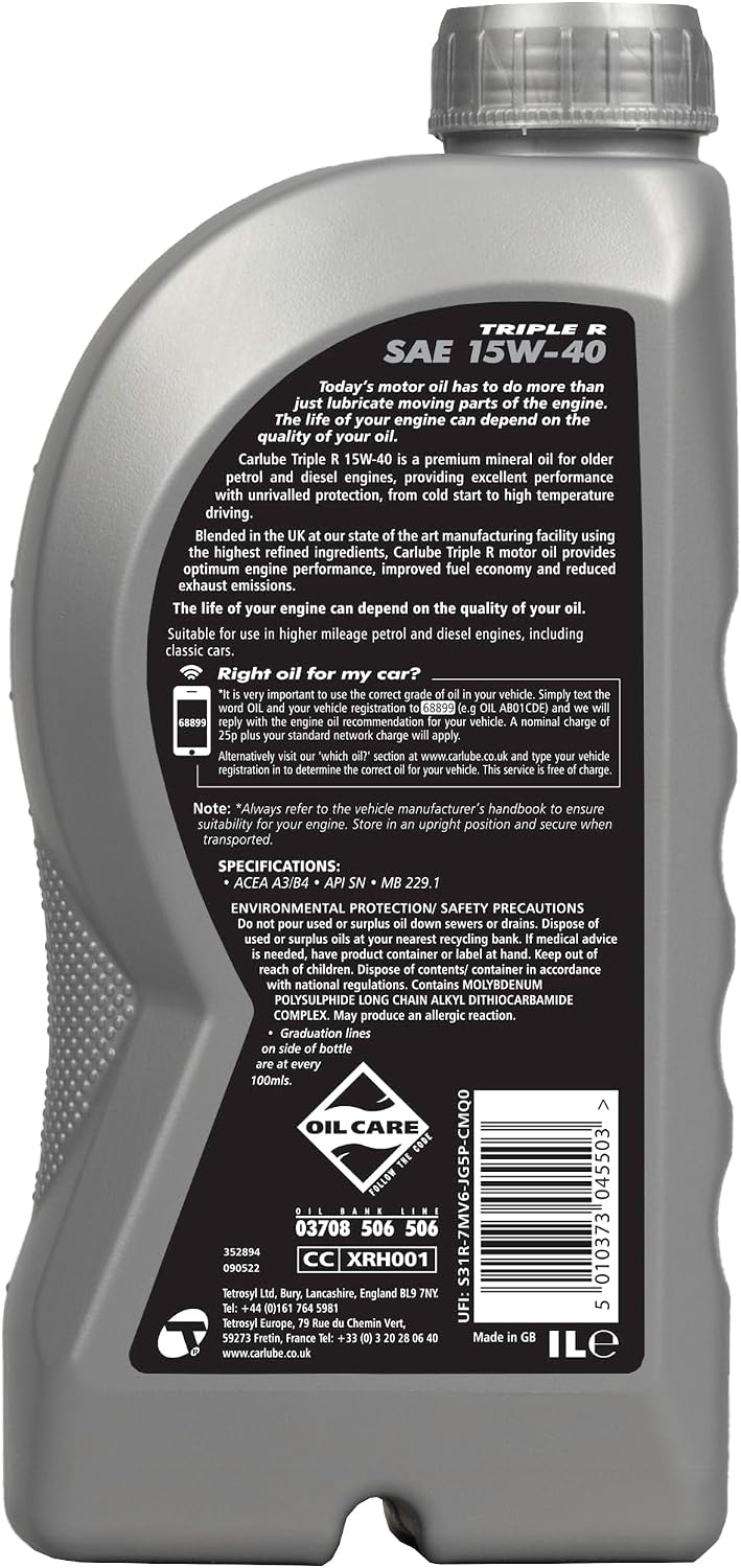 Carlube Triple R 15W40 High Mileage Semi Synthetic Engine Oil 1L