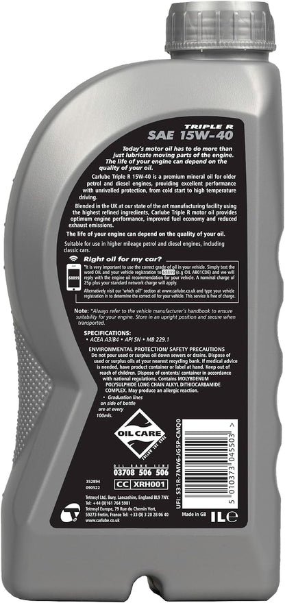 Carlube Triple R 15W40 High Mileage Semi Synthetic Engine Oil 1L