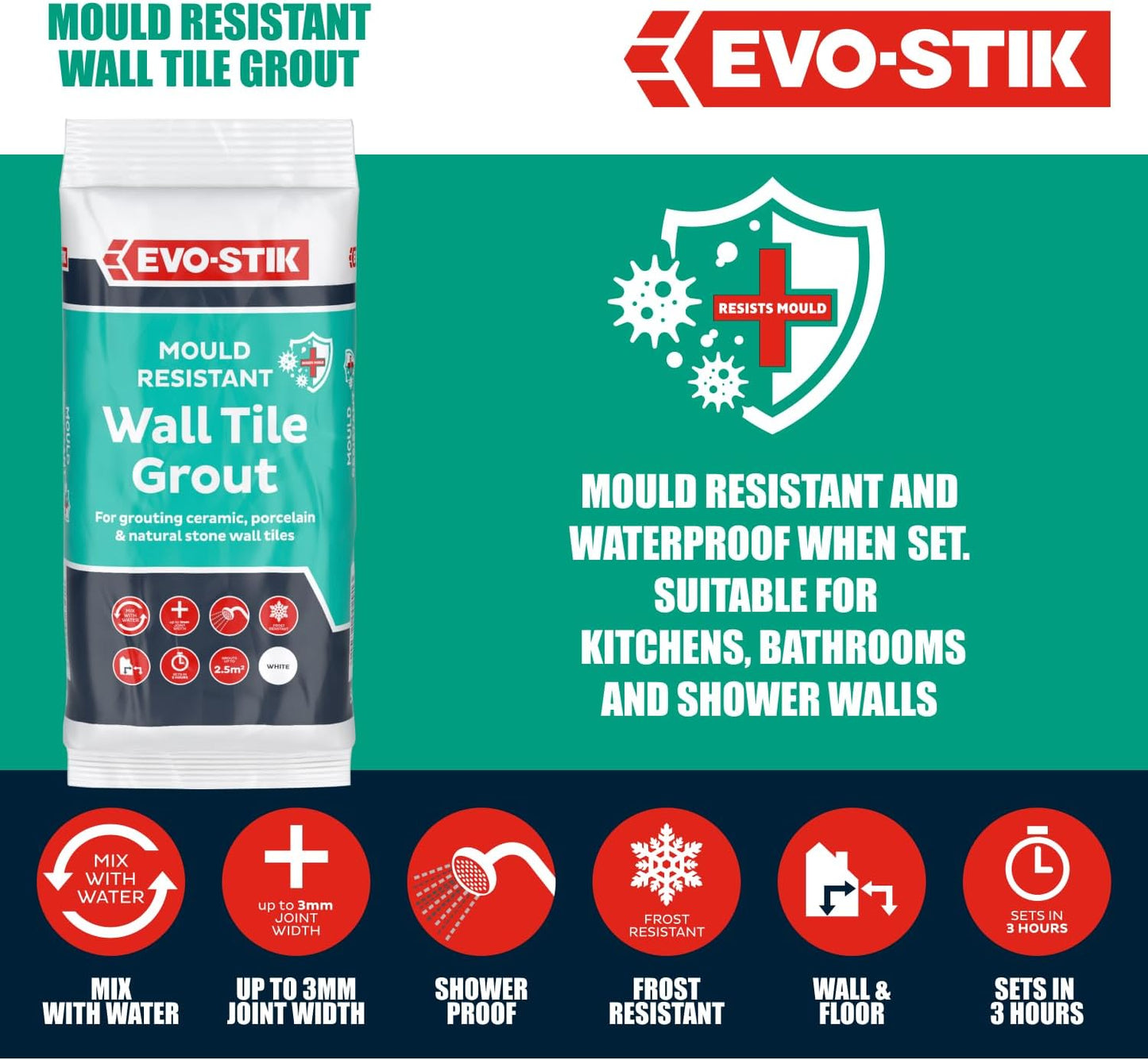 Evo Stik Wall Tile Grout Mould Resistant White 500G