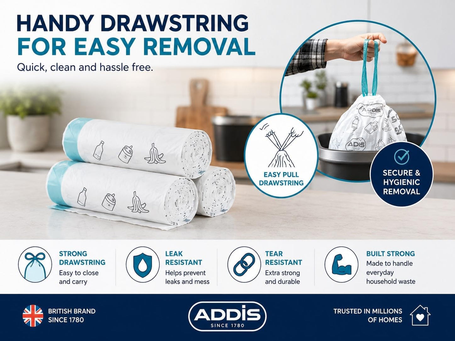 Addis 50–60L Bin Liners with Drawstring | 1 x Roll 15 Bags
