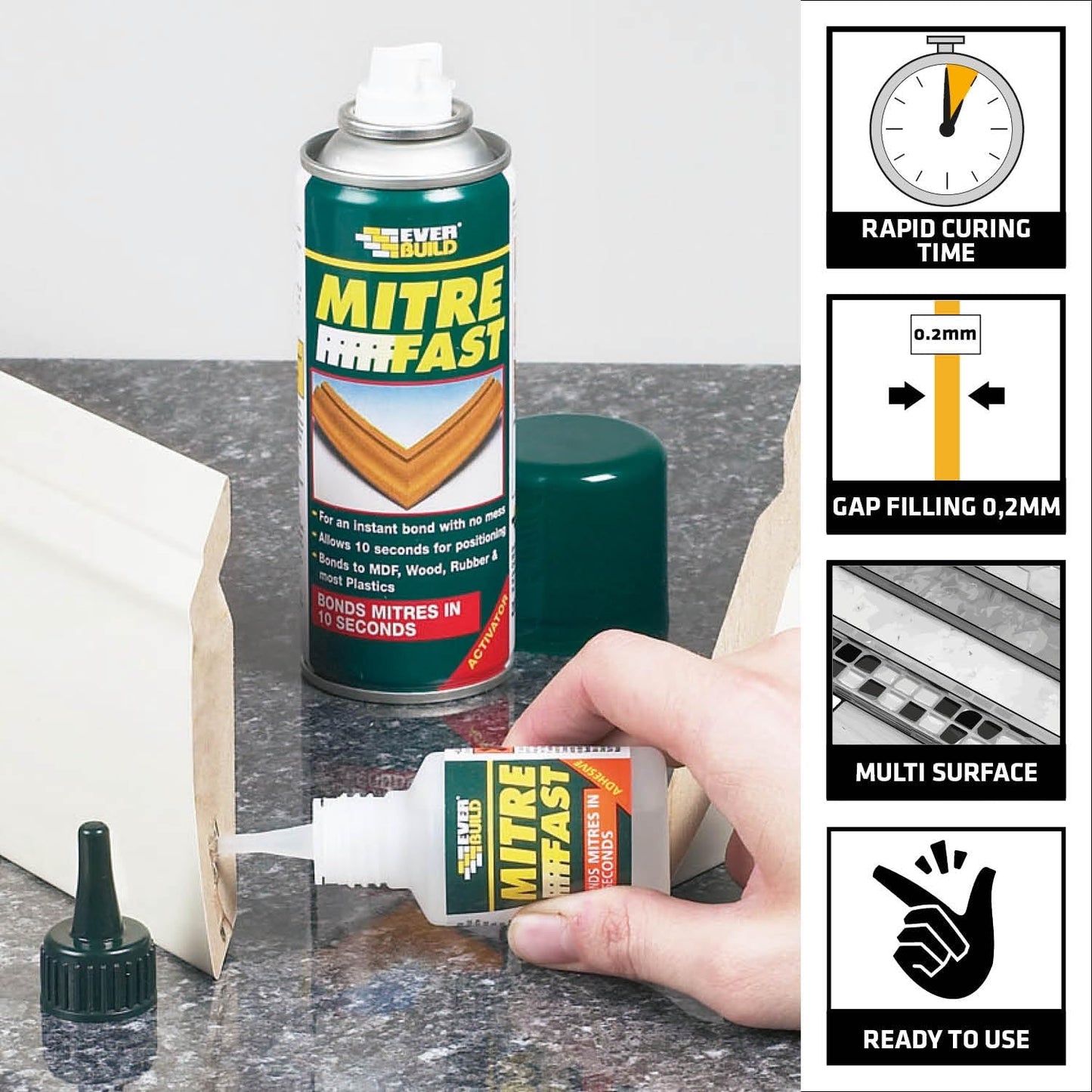 Everbuild Mitre Fast Two Part Instant Bonding Kit, 50G Adhesive & 200Ml Activator