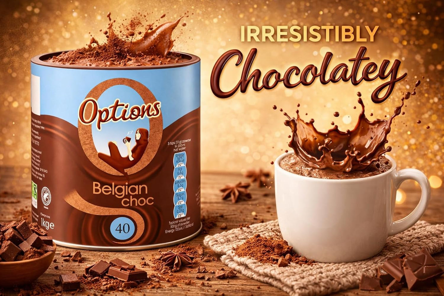 Options Belgian Chocolate Instant Hot Chocolate Drink 1kg Tub