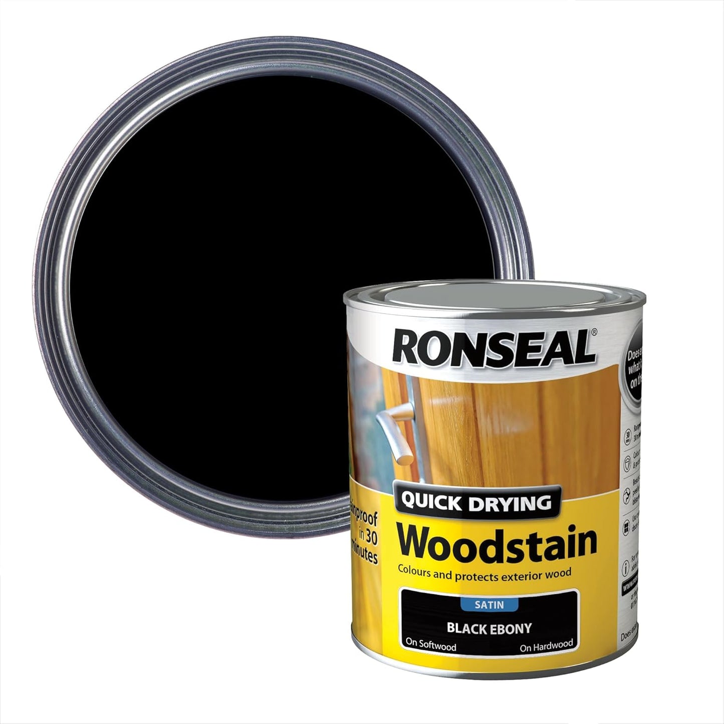 Ronseal Ebony Satin Woodstain | Soft or Hard Wood | Quick Drying | 250ml