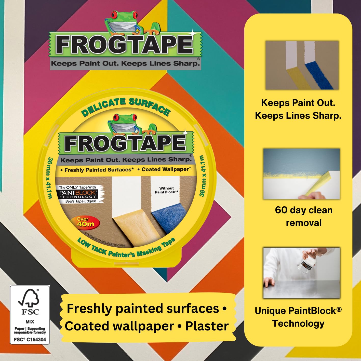 Frog Tape Yellow | Delicate Surface Painters Masking Tape | 36mm X 41.1M Roll