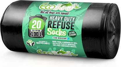 EcoBag Extra Strong | Heavy Duty Refuse Sacks |  100L Capacity | 33 Microns | 20 Pack Roll