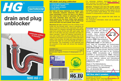 HG Drain & Plug Unblocker, Effectively Removes Blockages & Cleans Blocked Drains 500ml