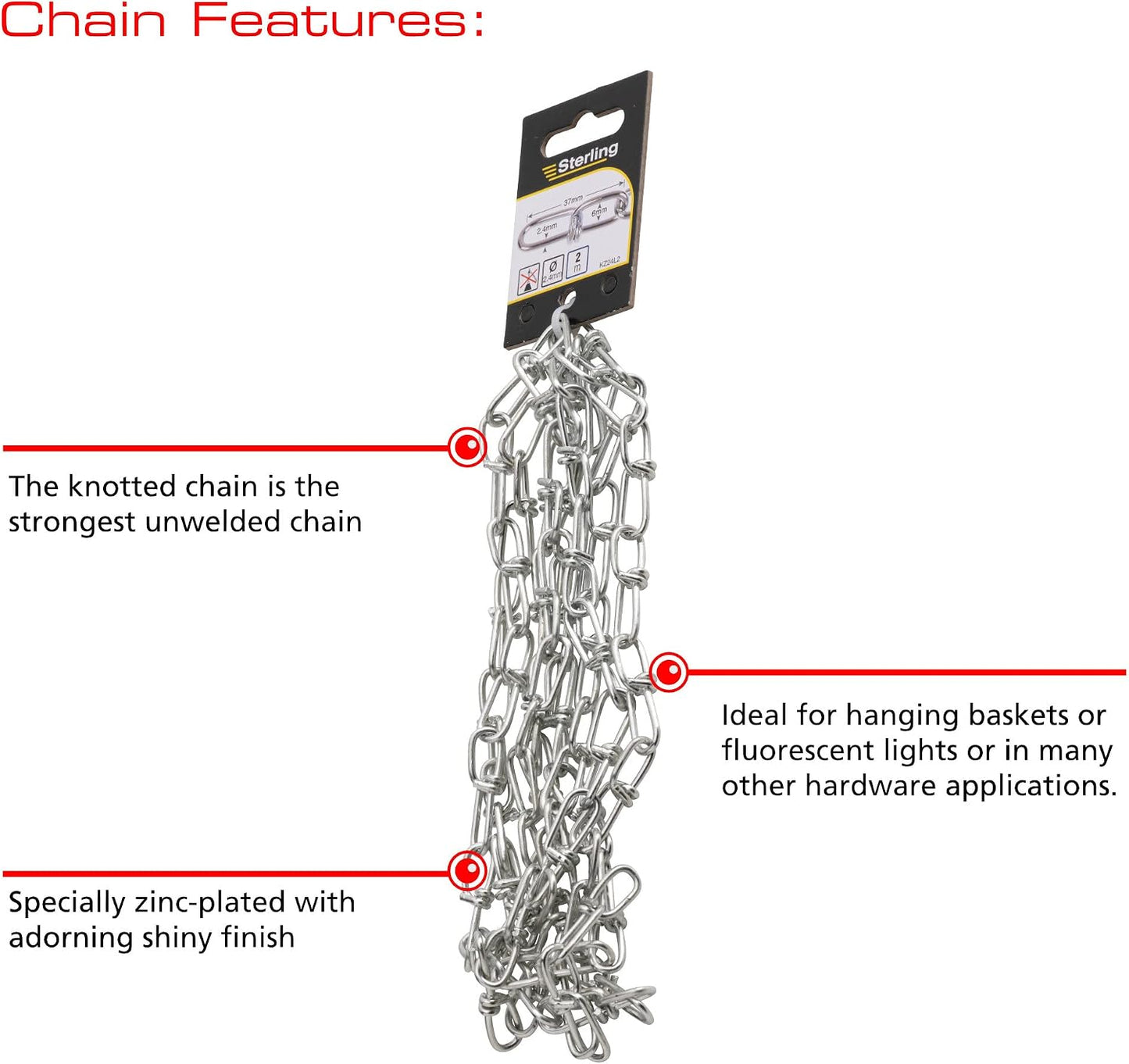 Sterling KZ24L2 Knotted Chain, Bright Zinc Bright Zinc Plated 2.4mm x 2m