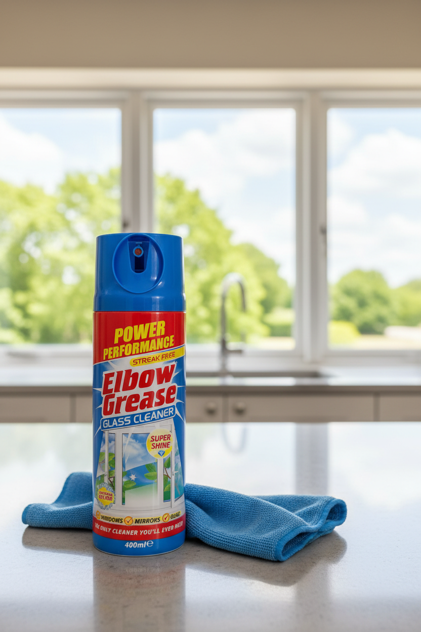Elbow Grease Glass Cleaner Aerosol | Super Shine, Foaming Action | Cleans Windows, Mirrors, Glass |Streak Free | 1 x 400ml