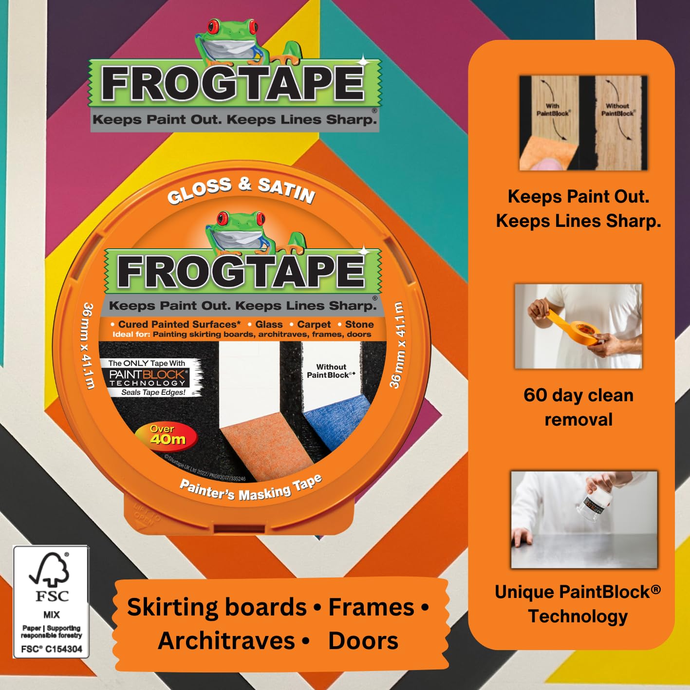 Frog Tape Orange Gloss & Satin Painters Masking Tape 36Mm X 41.1M