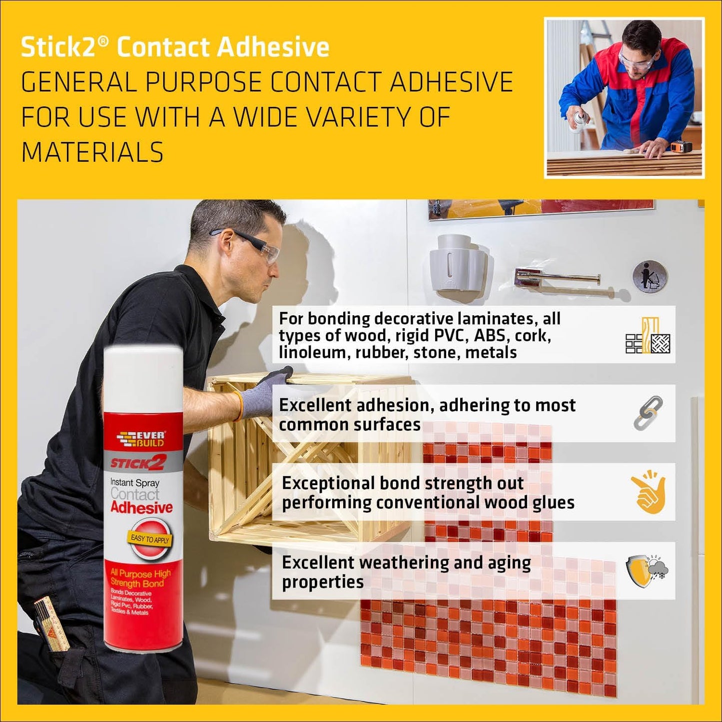 Everbuild Stick 2 Spray | Contact Adhesive | 500ml | Wood, Concrete, Metal Plastic Glue