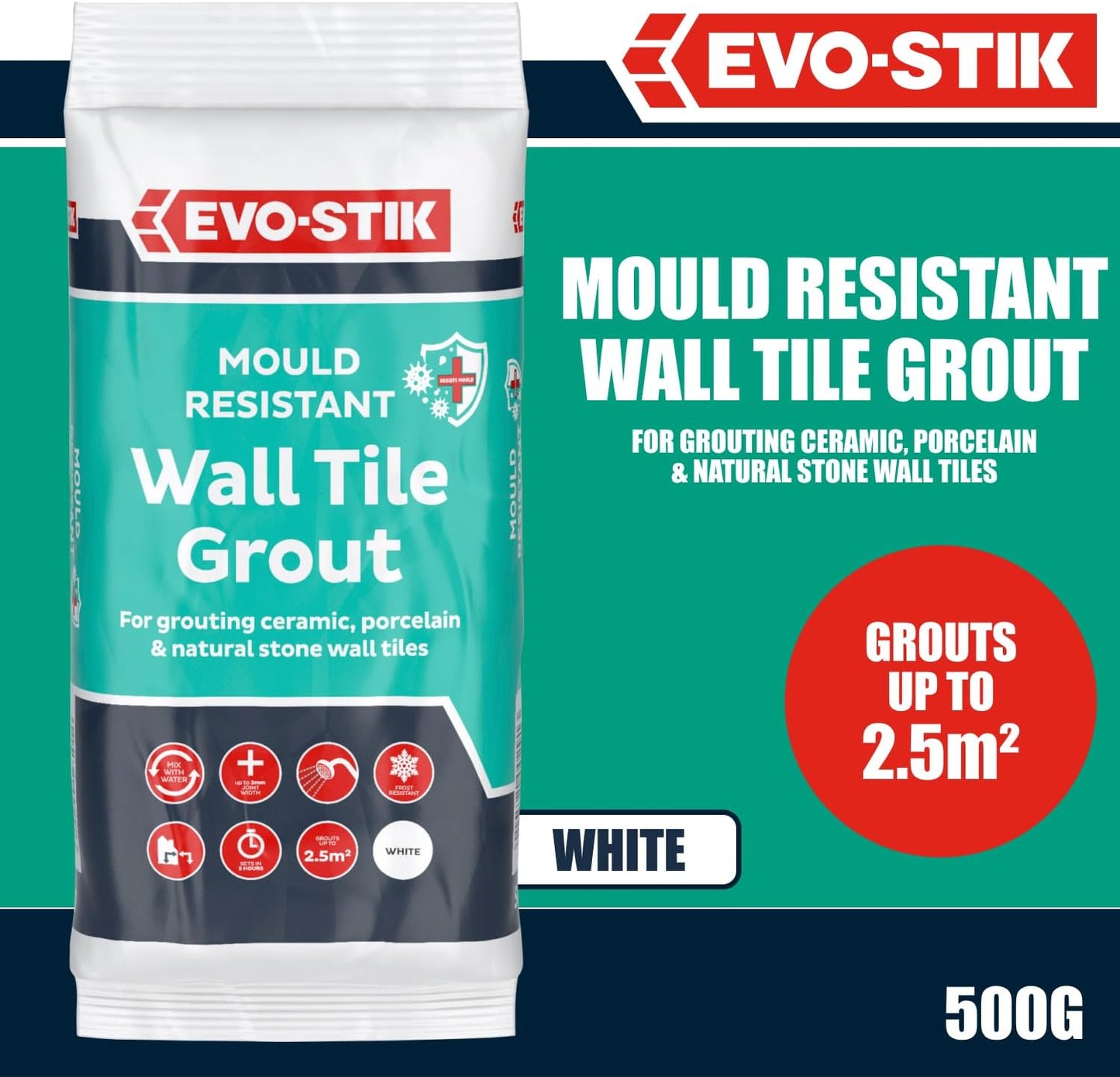 Evo Stik Wall Tile Grout Mould Resistant White 500G
