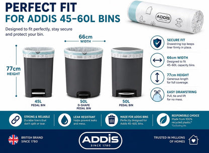 Addis 50–60L Bin Liners with Drawstring | 1 x Roll 15 Bags