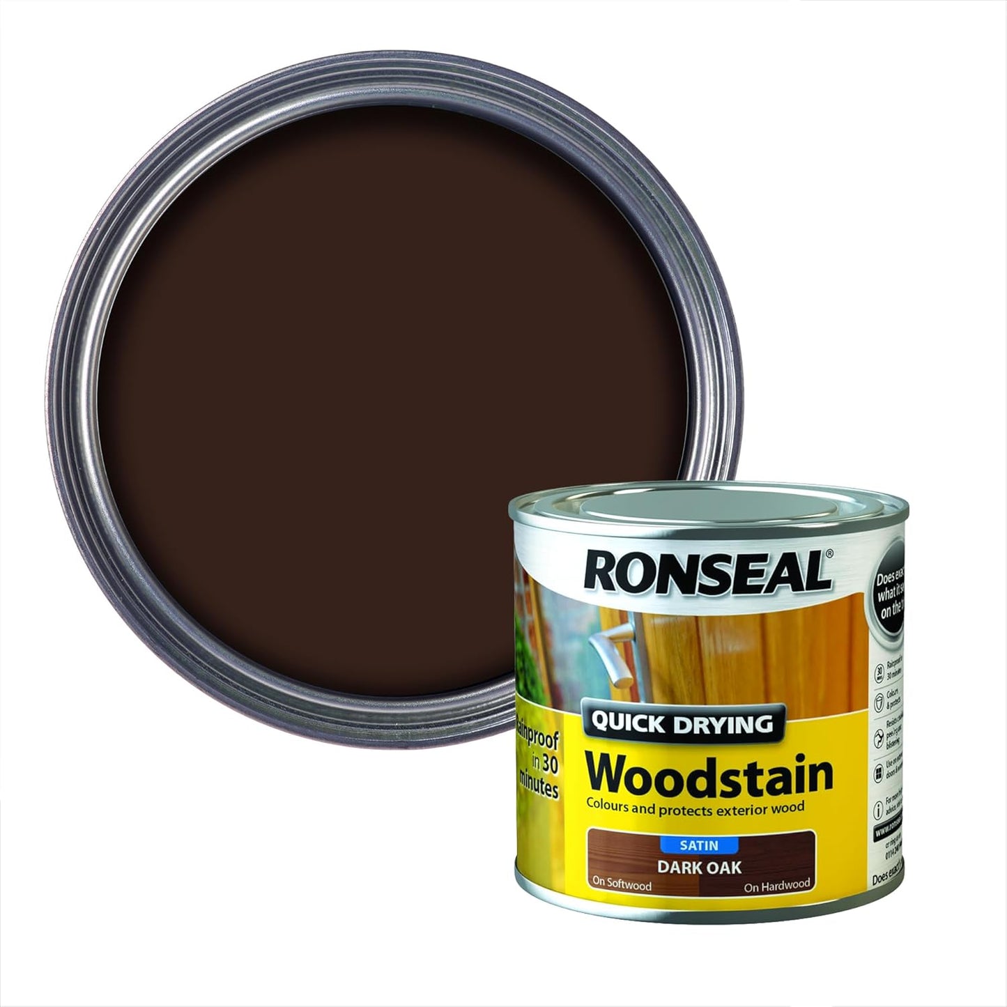 Ronseal Dark Oak Satin Woodstain | Soft or Hard Wood | Quick Drying | 250ml