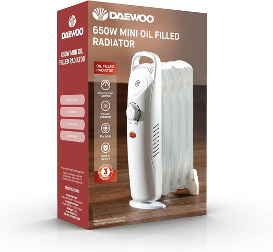 Daewoo Oil Filled Mini Radiator | 650w | White | 5 Fin