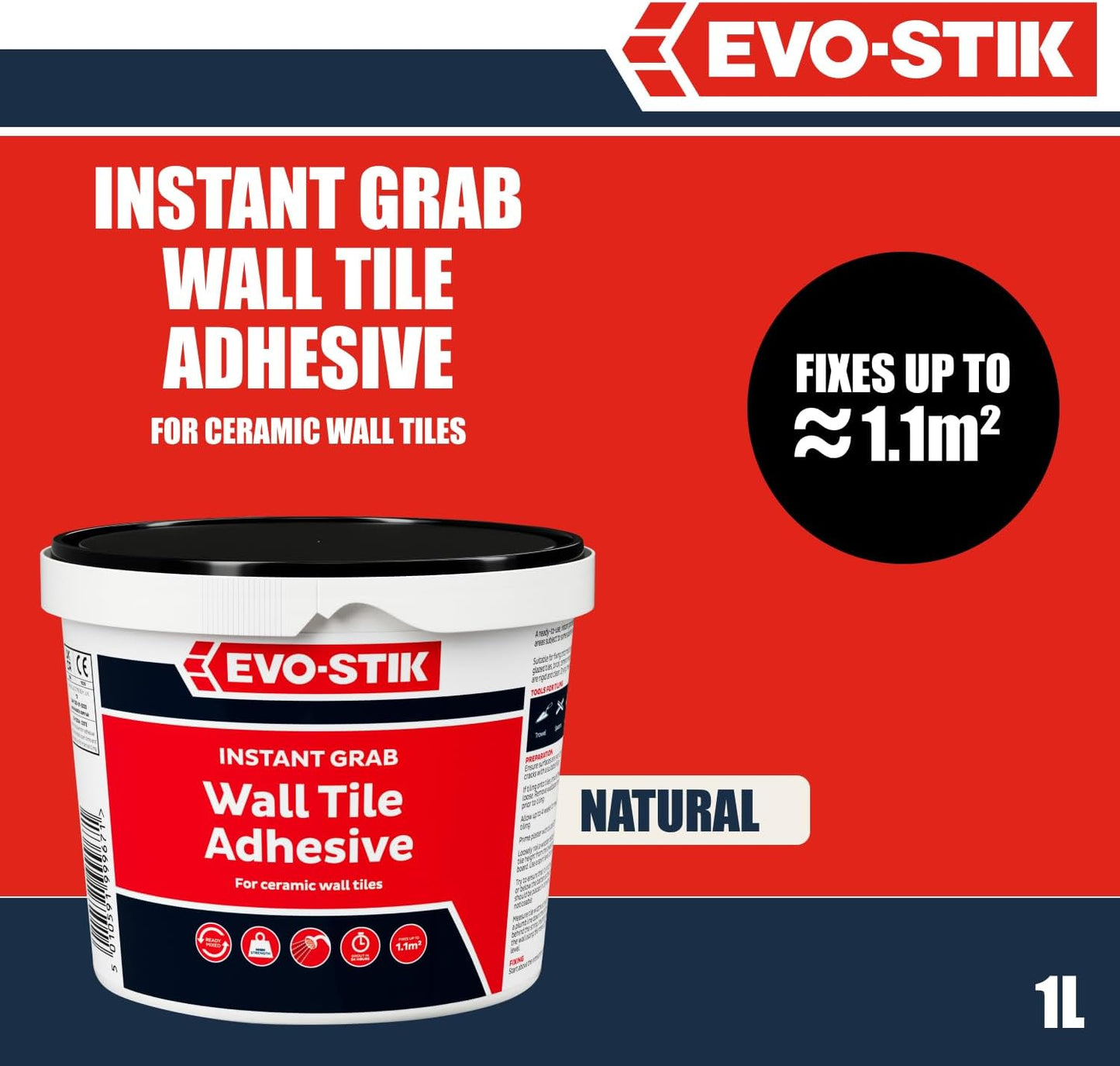 Evo-Stik Wall Tile Adhesive | Instant Grab | Multi Surface| 1L Tub
