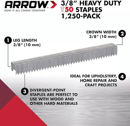 Arrow A50624 T50 Staples, 3/8 Inch (10 mm) | 1250 Staples Per Box