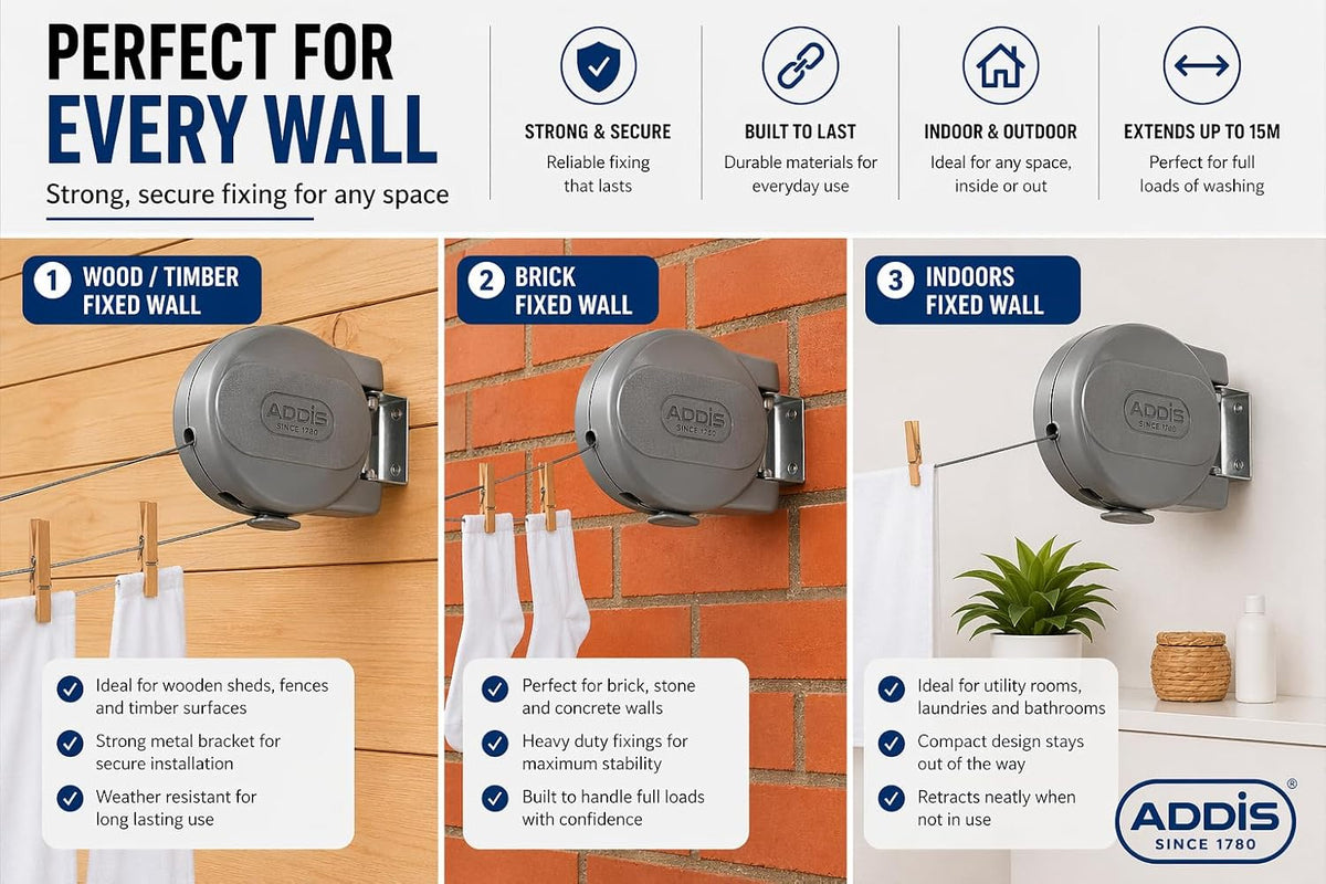 Addis Retractable Outdoor Space-Saving Washing Line, Up To 15 M