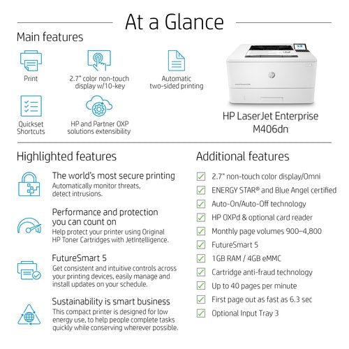 HP LaserJet Enterprise M406dn Mono Laser Printer 3PZ15A#B19