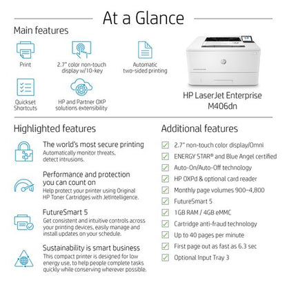 HP LaserJet Enterprise M406dn Mono Laser Printer 3PZ15A#B19