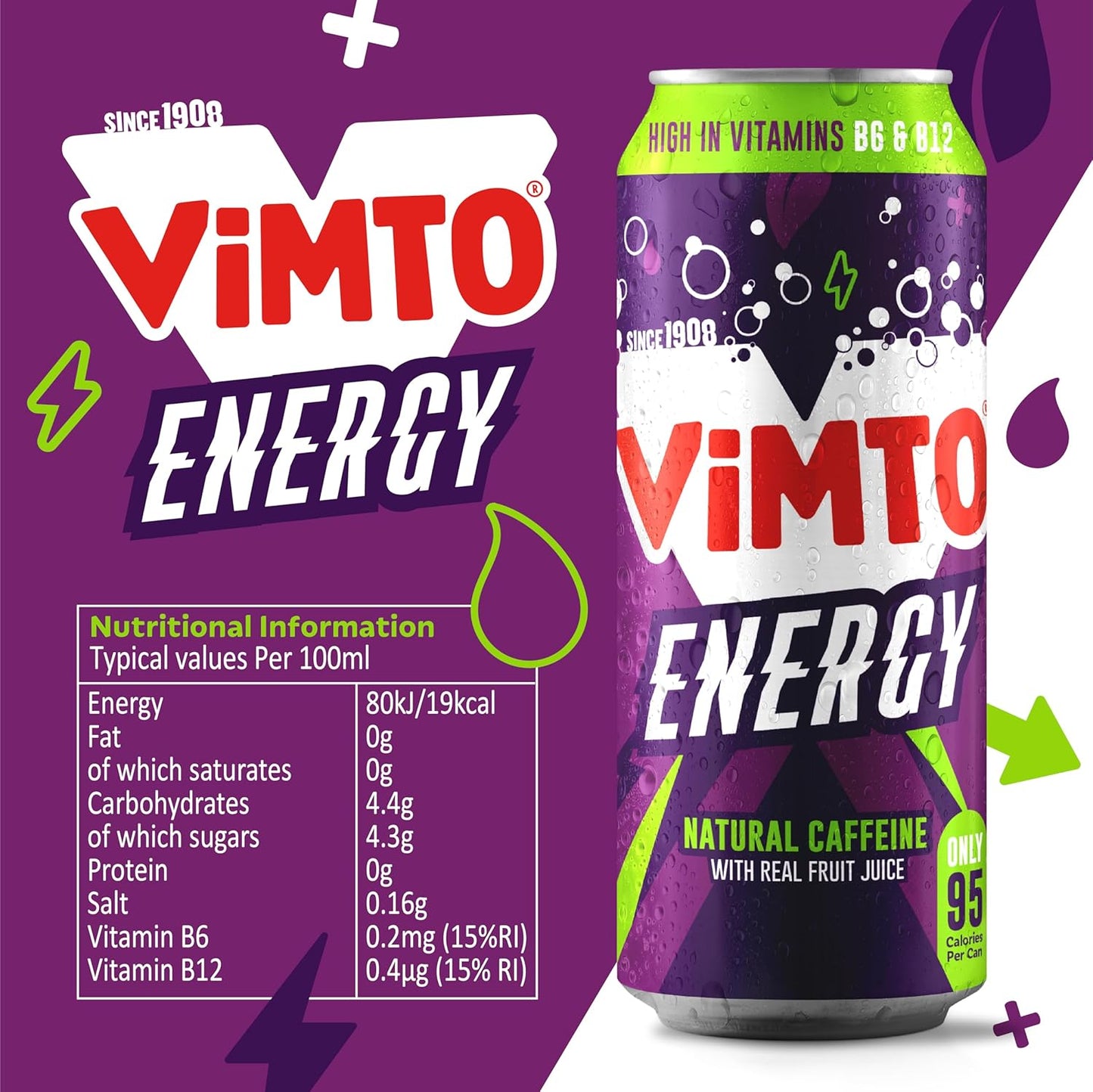 Vimto New Energy Drink | Original Flavour | Sparkling Energy Juice Drink | 12 x 500ml