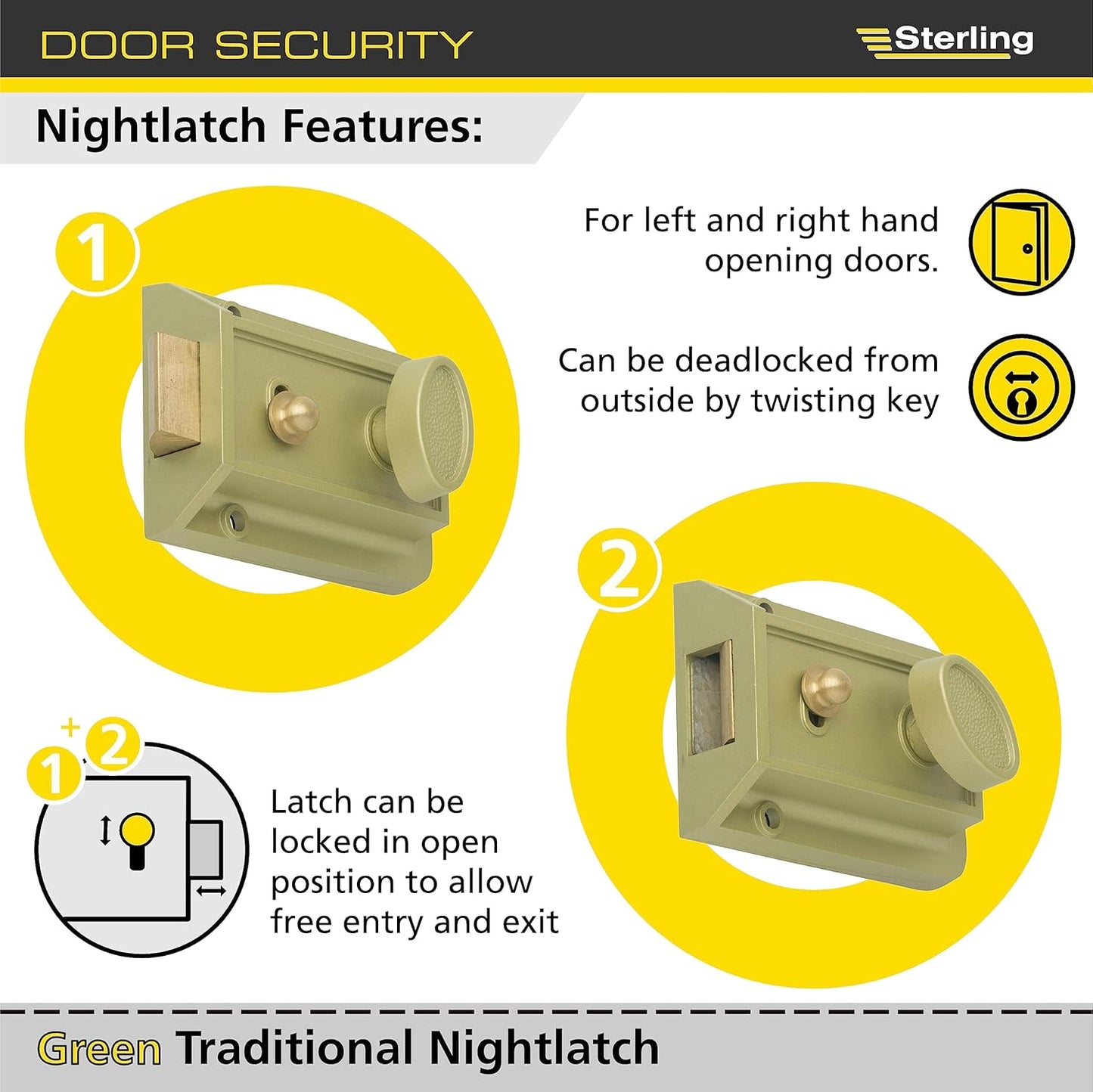 Sterling Standard Nightlatch | Left & righthanded Doors | Champagne | Full Pack | 2 keys | NLS101