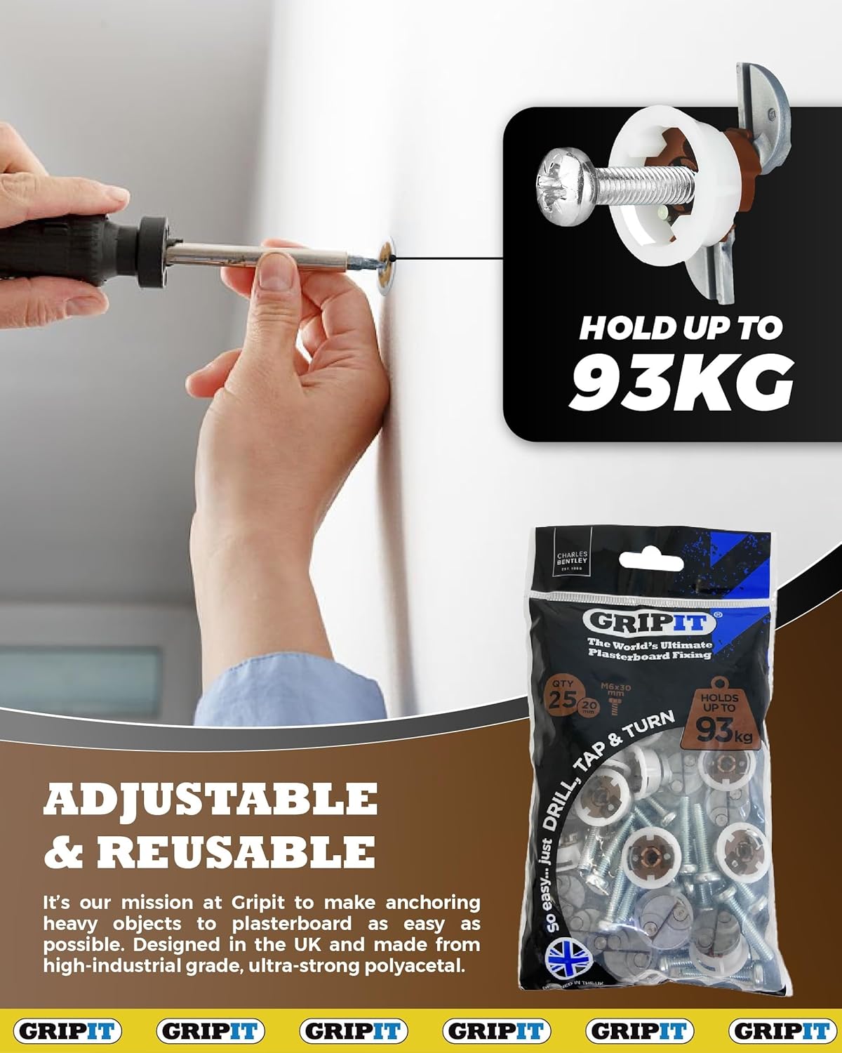Gripit Brown Plasterboard Fixings - Pack of 25 | Heavy Duty Holds 93kg