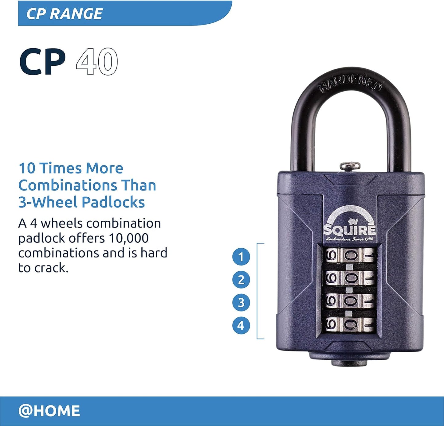 Squire Heavy Duty Padlock (Cp40) - Steel Shackle - 4 Wheel Combination (Blue, 40 Mm)
