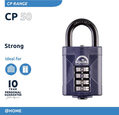 Squire Heavy Duty Padlock (Cp50) - Steel Shackle - 4 Wheel Combination (Blue, 50 Mm)