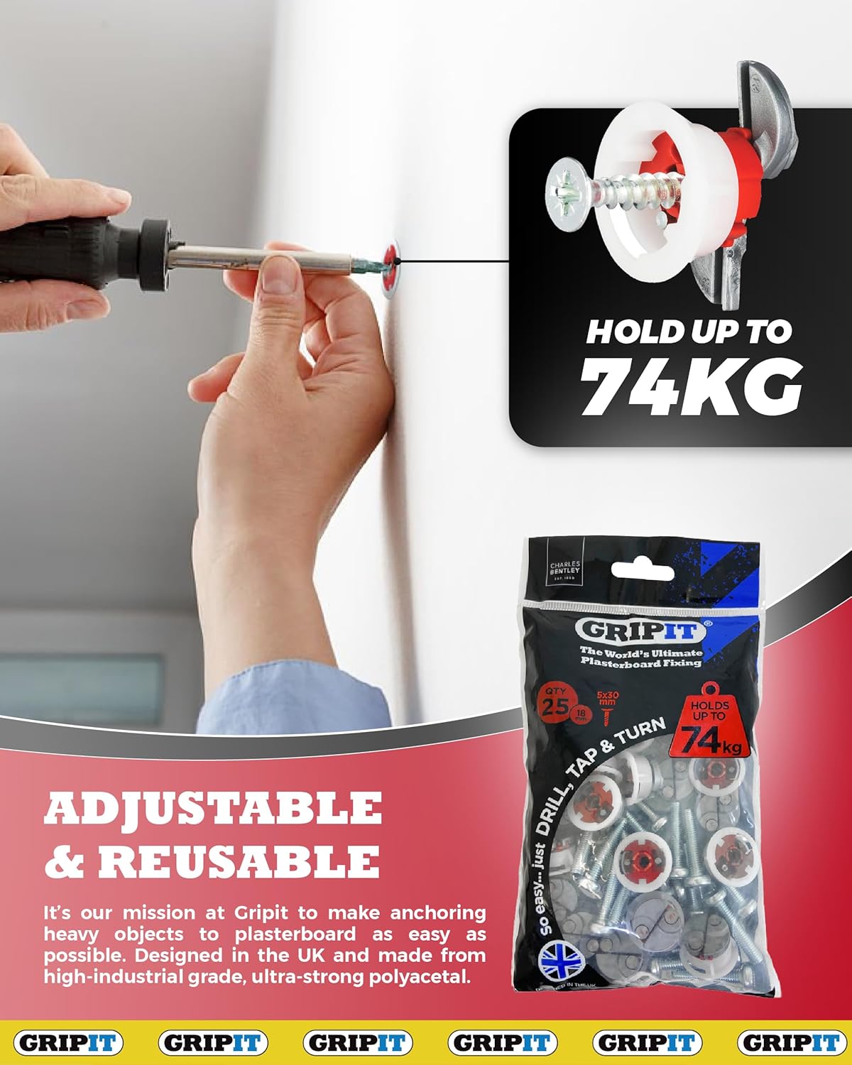 Gripit Red Plasterboard Fixings - Heavy Duty Pack of 25