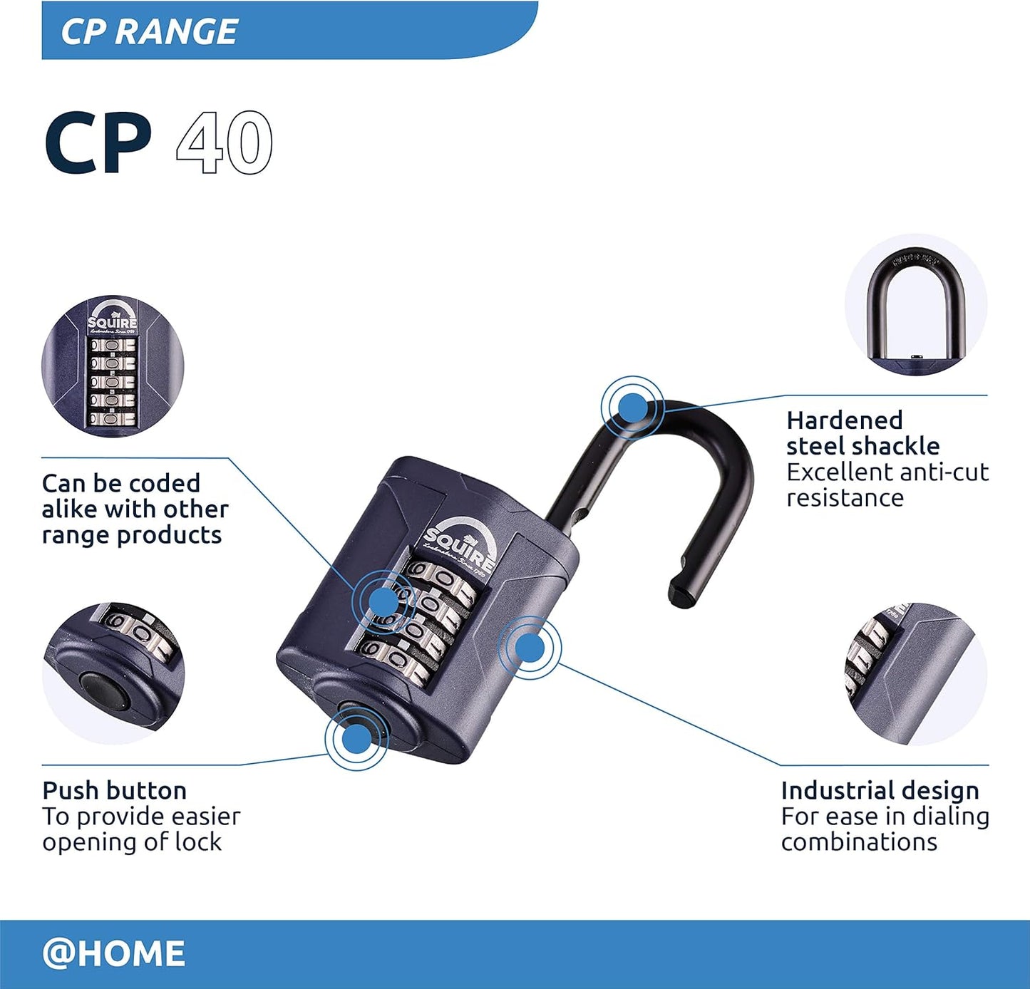 Squire Heavy Duty Padlock (Cp40) - Steel Shackle - 4 Wheel Combination (Blue, 40 Mm)