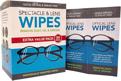 Spectacle and Lens Wipes | Individually Wrapped | 1 x 54 Pack