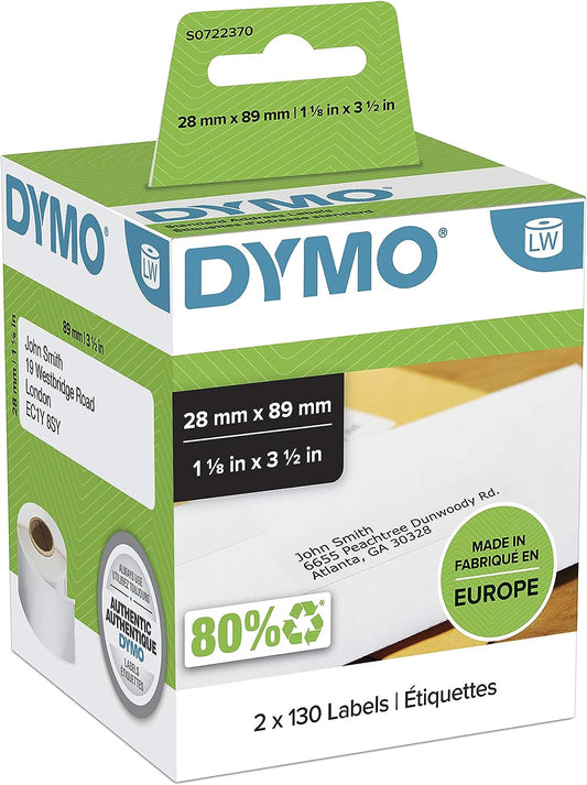 Dymo 99010 Standard Address Label Black On White Box of 2 Rolls {2 x 130 Labels}