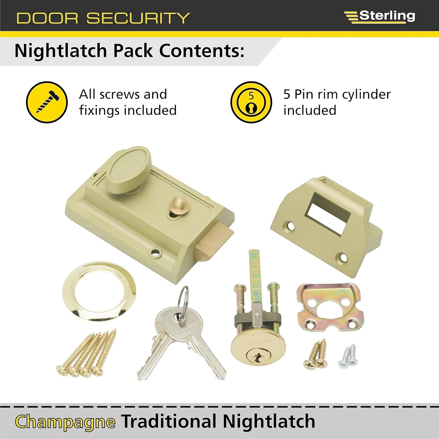 Sterling Standard Nightlatch | Left & righthanded Doors | Champagne | Full Pack | 2 keys | NLS101