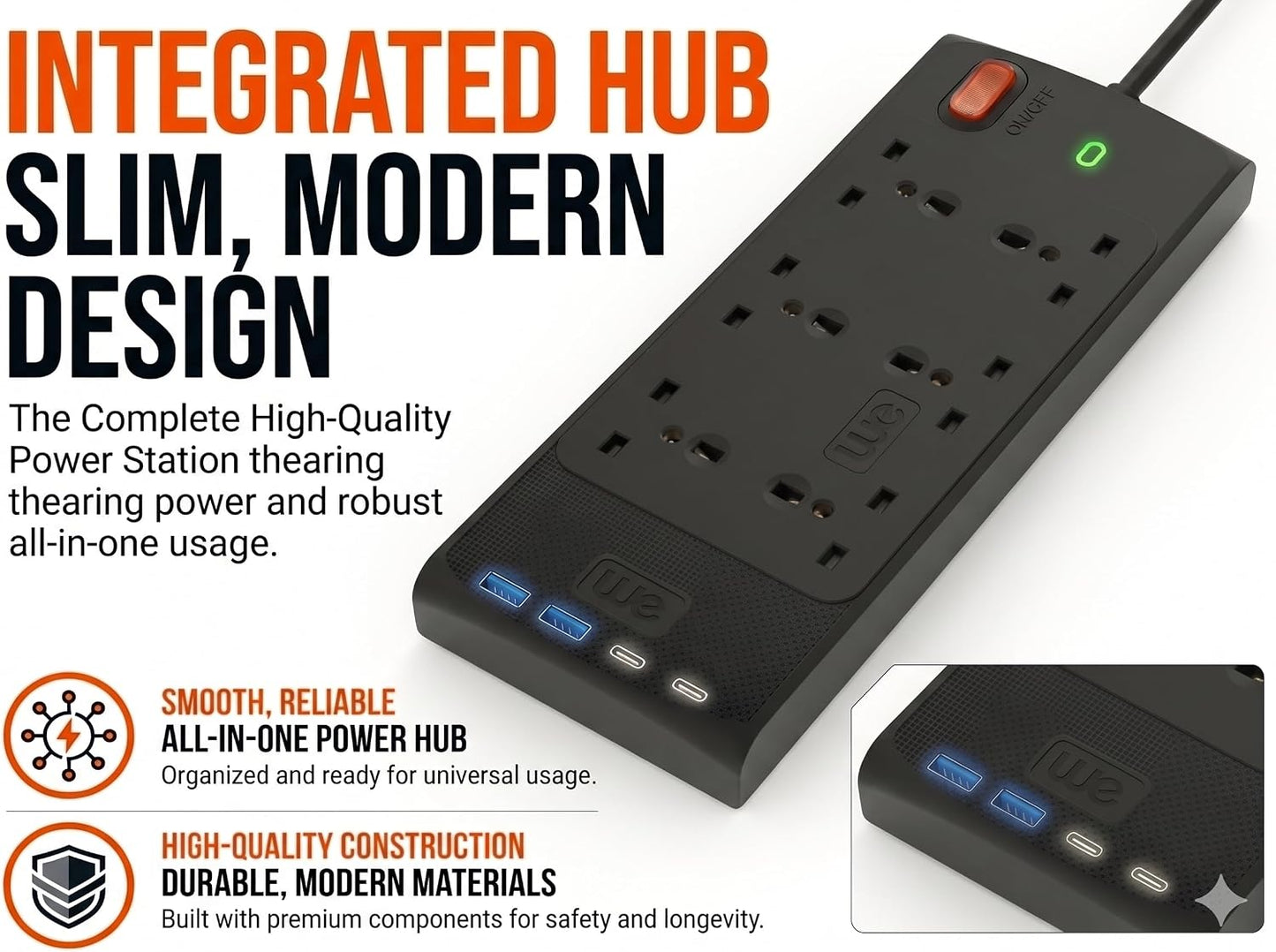 Westminster Electrical 6 Socket Extension Lead | 4 x 45W USB Outlets | 2m Extension Cable