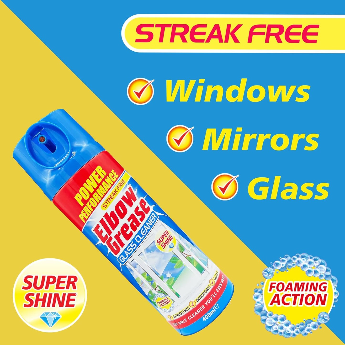 Elbow Grease Glass Cleaner Aerosol | Super Shine, Foaming Action | Cleans Windows, Mirrors, Glass |Streak Free | 1 x 400ml