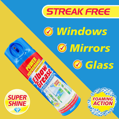 Elbow Grease Glass Cleaner Aerosol | Super Shine, Foaming Action | Cleans Windows, Mirrors, Glass |Streak Free | 1 x 400ml