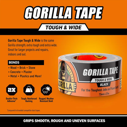 Gorilla Tape Tough & Wide 73mm x 27m Black | For the Toughest of Jobs | 27m long