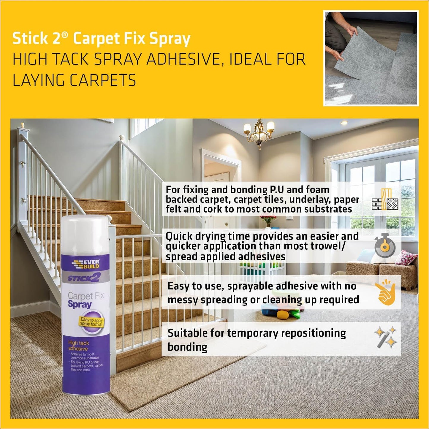 Everbuild Stick2 Carpet Fix Spray Adhesive | High Tack Spray | Foaming Formula | 500ml