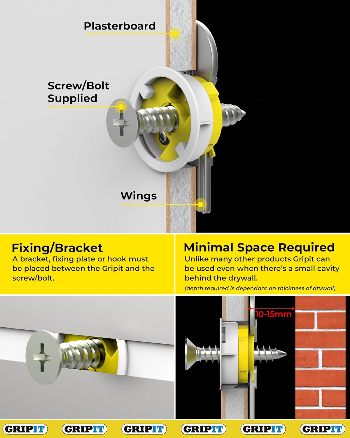 Gripit Yellow Plasterboard Fixings | Pack of 4 | Heavy Duty Plasterboard Fixings | Holds Up to 7