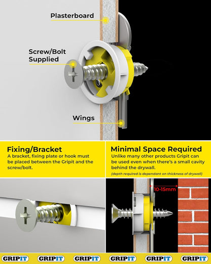 Gripit Yellow Plasterboard Fixings | Pack of 4 | Heavy Duty Plasterboard Fixings | Holds Up to 7