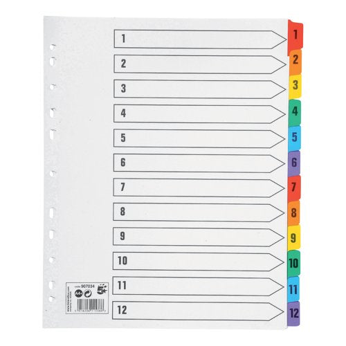 5 Star Office Maxi Index 1-12 Multipunched Mylar-reinforced Multicolour Tabs Extra Wide A4+ Whit