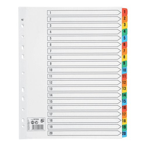 5 Star Office Maxi Index 1-20 Multipunched Mylar-reinforced Multicolour Tabs Extra Wide A4+ Whit