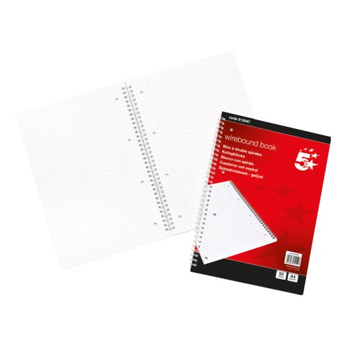 5 Star Wirebound Notebook Ruled Margin Perforated 4 Holes 100 Page A4 Red/White (Pack of 10) 912