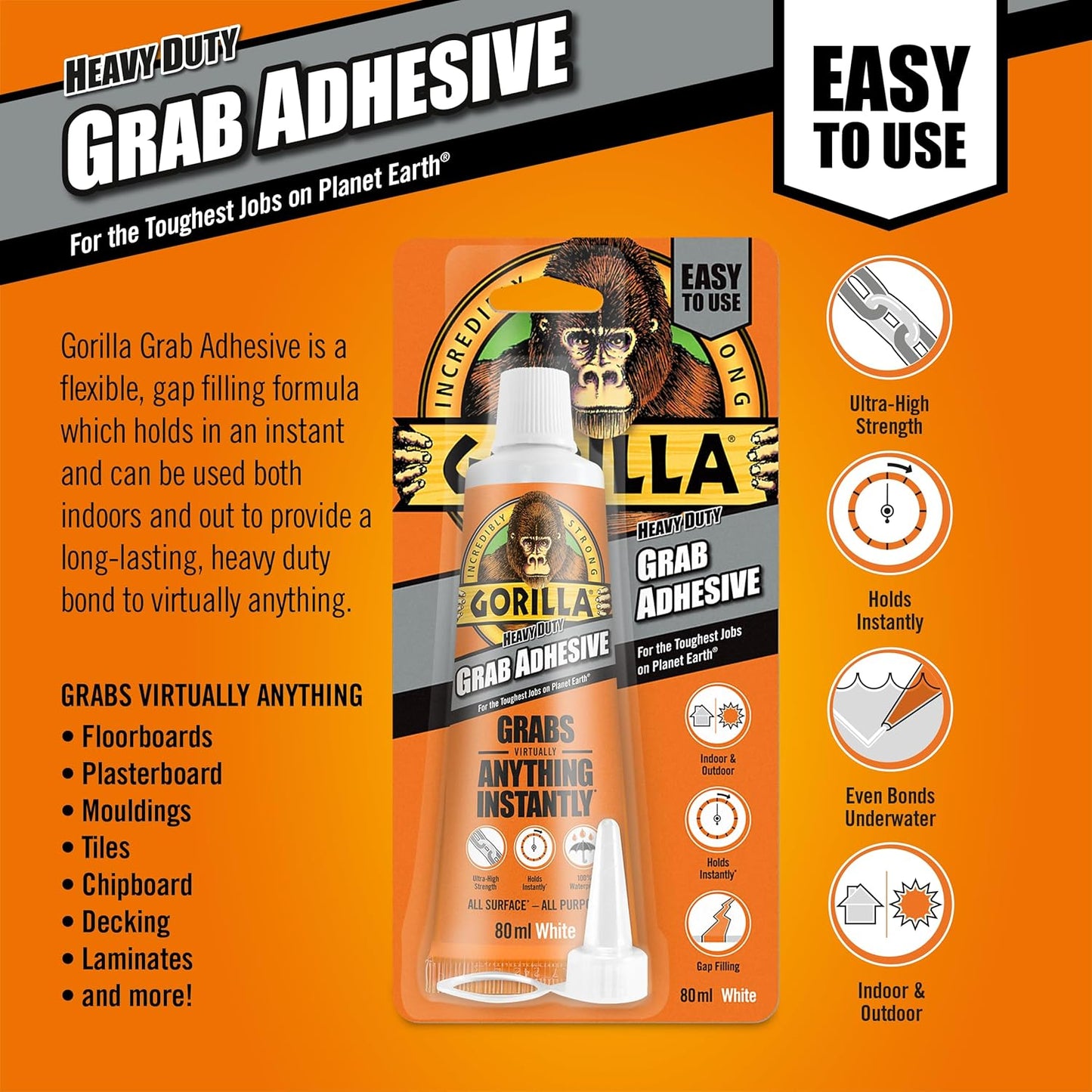 Gorilla 2044300 Heavy Duty Grab Adhesive White 80Ml 1 Pack